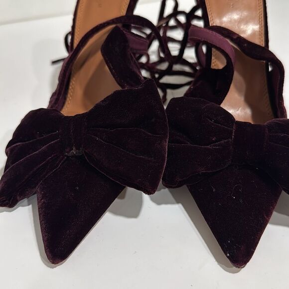 ASOS DESIGN Peony tie leg bow high heeled shoes in burgundy EUC - Picture 3 of 7